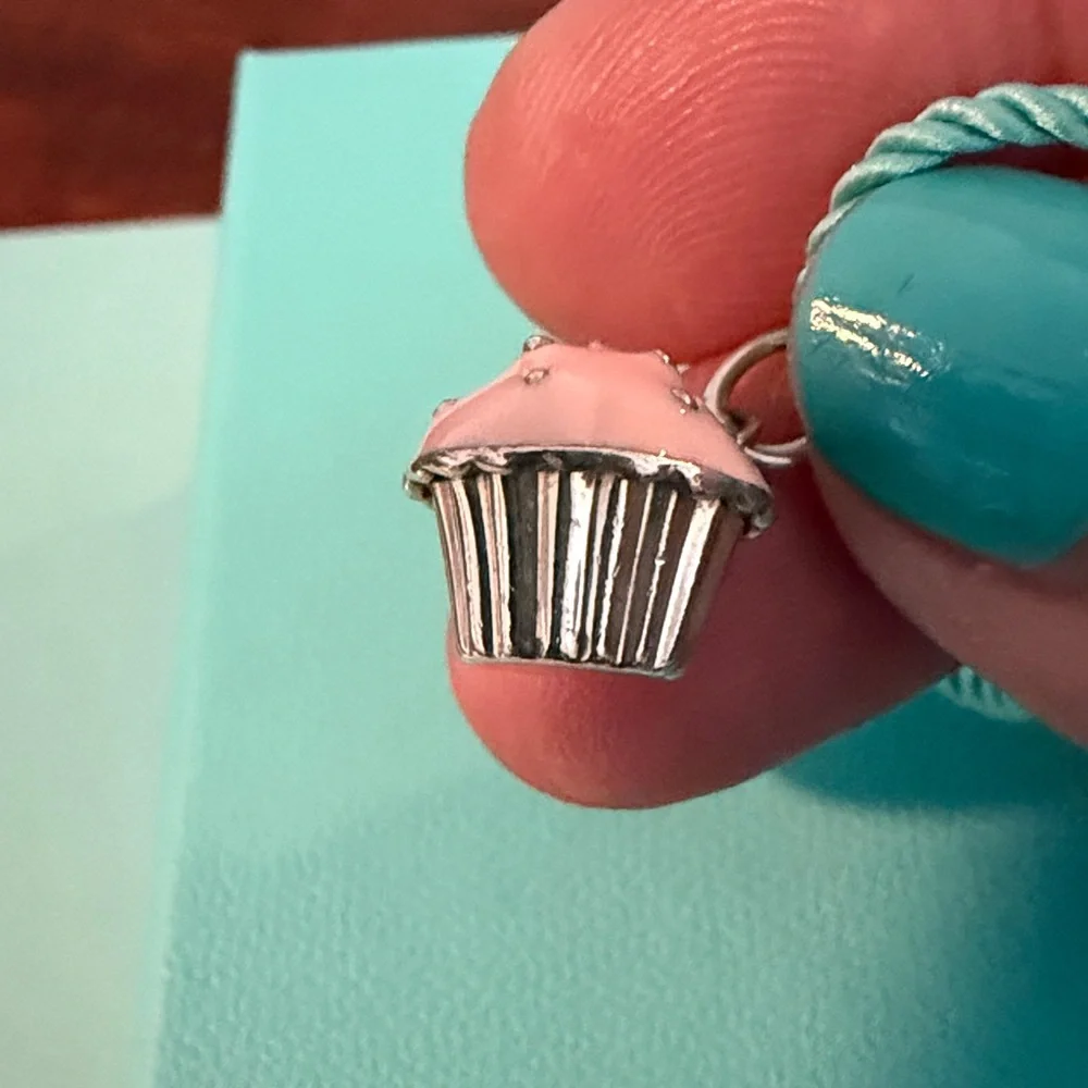 Tiffany & Co. Cupcake Charm Pendant Necklace on Tiffany Silk Cord 16-18”